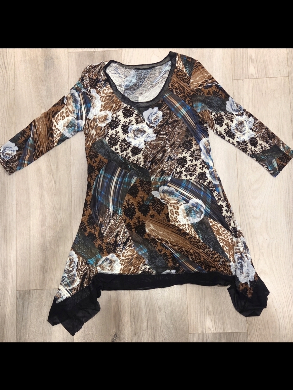 Pyramid multi print long sleeve with sheer on bottom a line dress - Picture 3 of 3